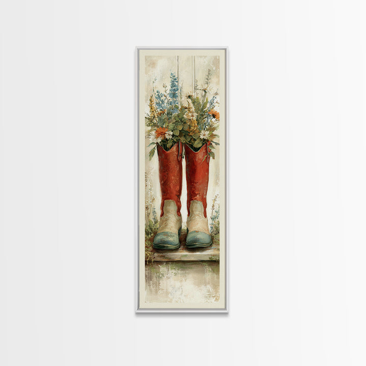 Weathered Boots with Wildflowers Tucked Inside Framed Canvas Print, Country Art, Digital Print, Farmhouse Decor, Country, COU-1x3-76