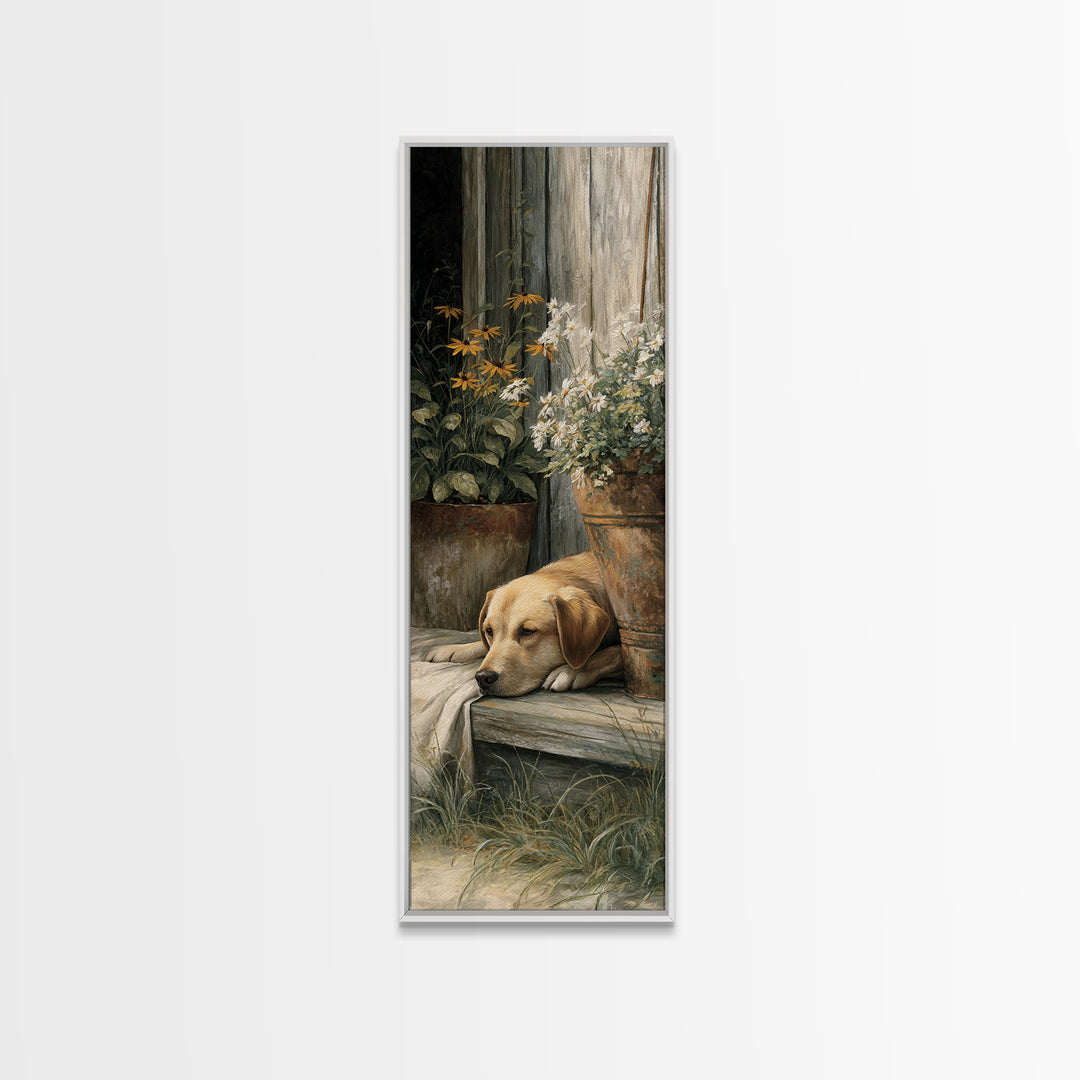 Dog Resting Beside a Porch Flower Pot Canvas Print, Country Art, Gallery Decor, Farmhouse Decor, Fine Art, Country, COU-1x3-82