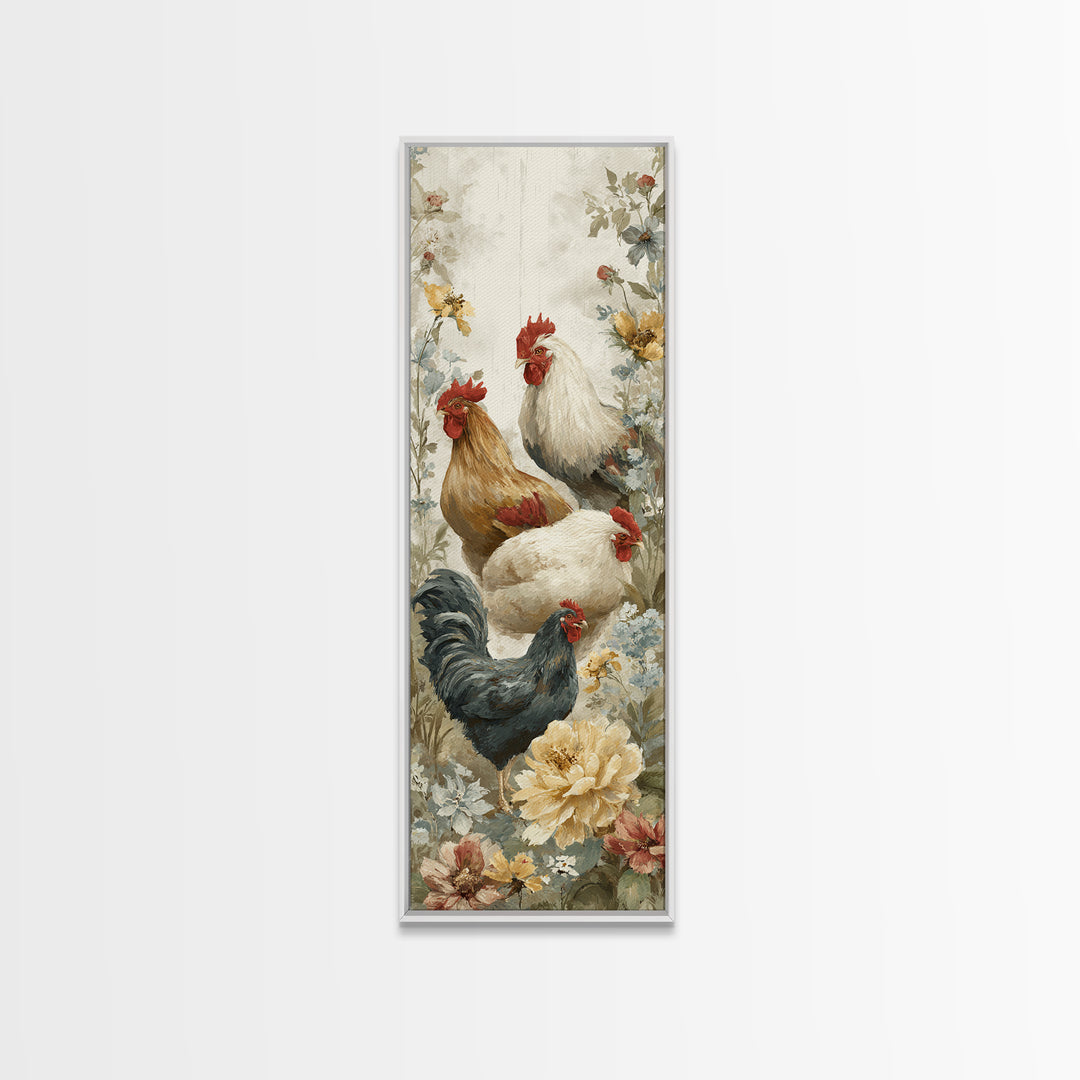 Chickens Pecking Near Garden Flowers Canvas Print, Country Art, Fine Art Print, Farmhouse Decor, Country, Digital Prints, COU-1x3-98