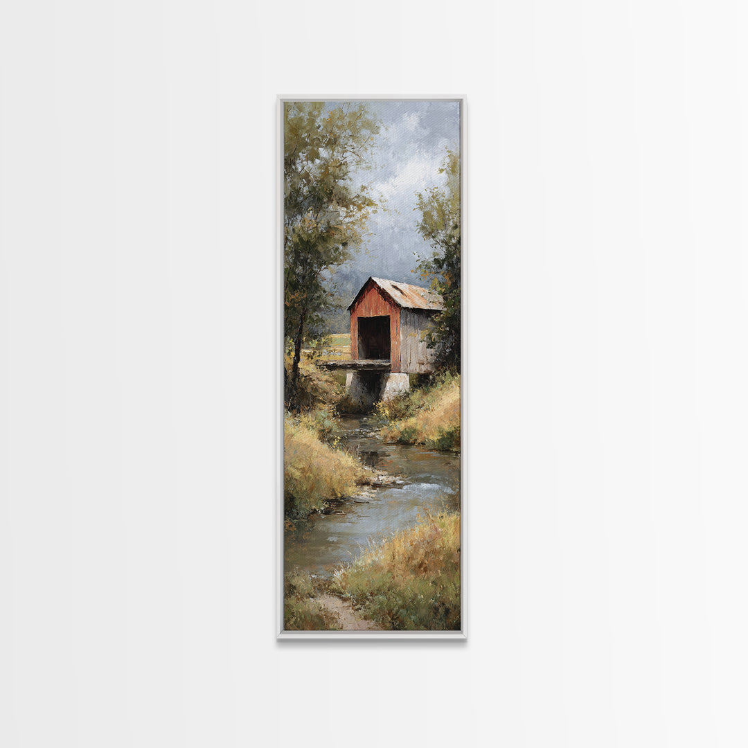 Covered Bridge over a Quiet Creek Canvas Print, Country Art, Farmhouse Wall Art, Farmhouse Decor, Watercolor Art, Country, COU-1x3-99