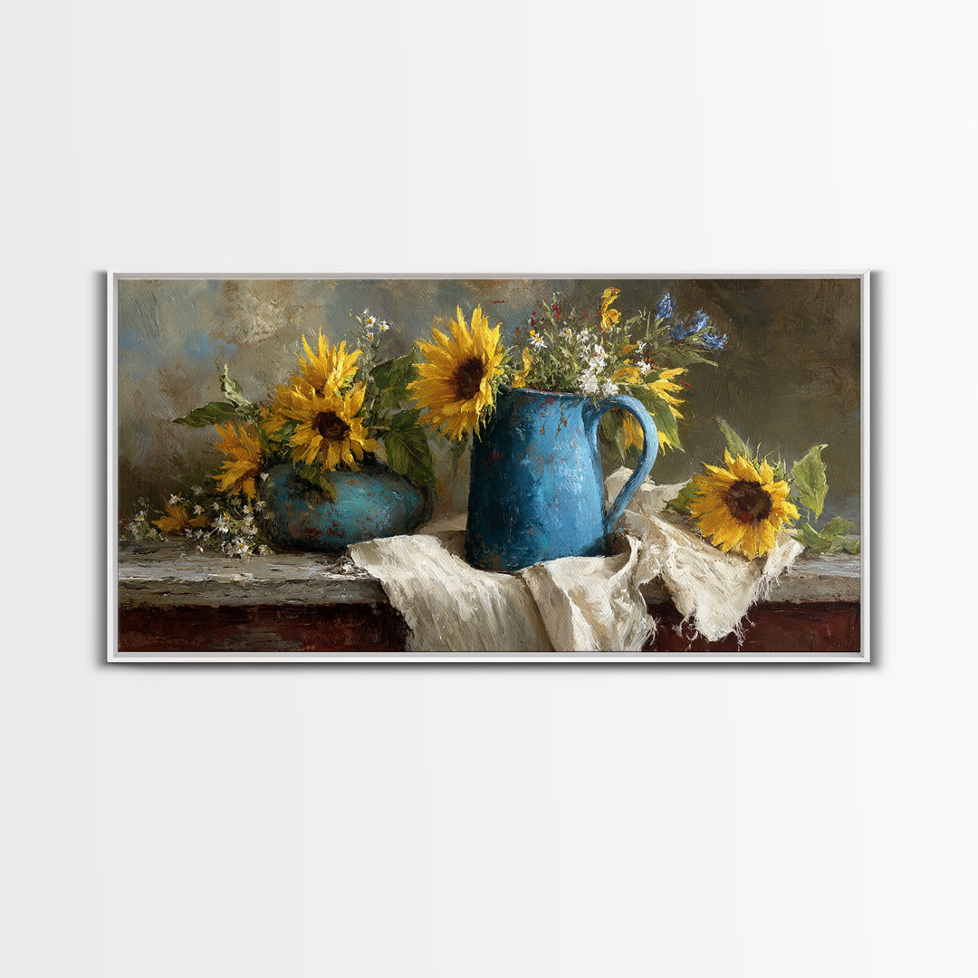 Sunflowers in a Blue Enamel Pitcher Framed Canvas Print, Country Art, Digital Art Prints, Farmhouse Decor, Oil Painting, COU-2x1-100