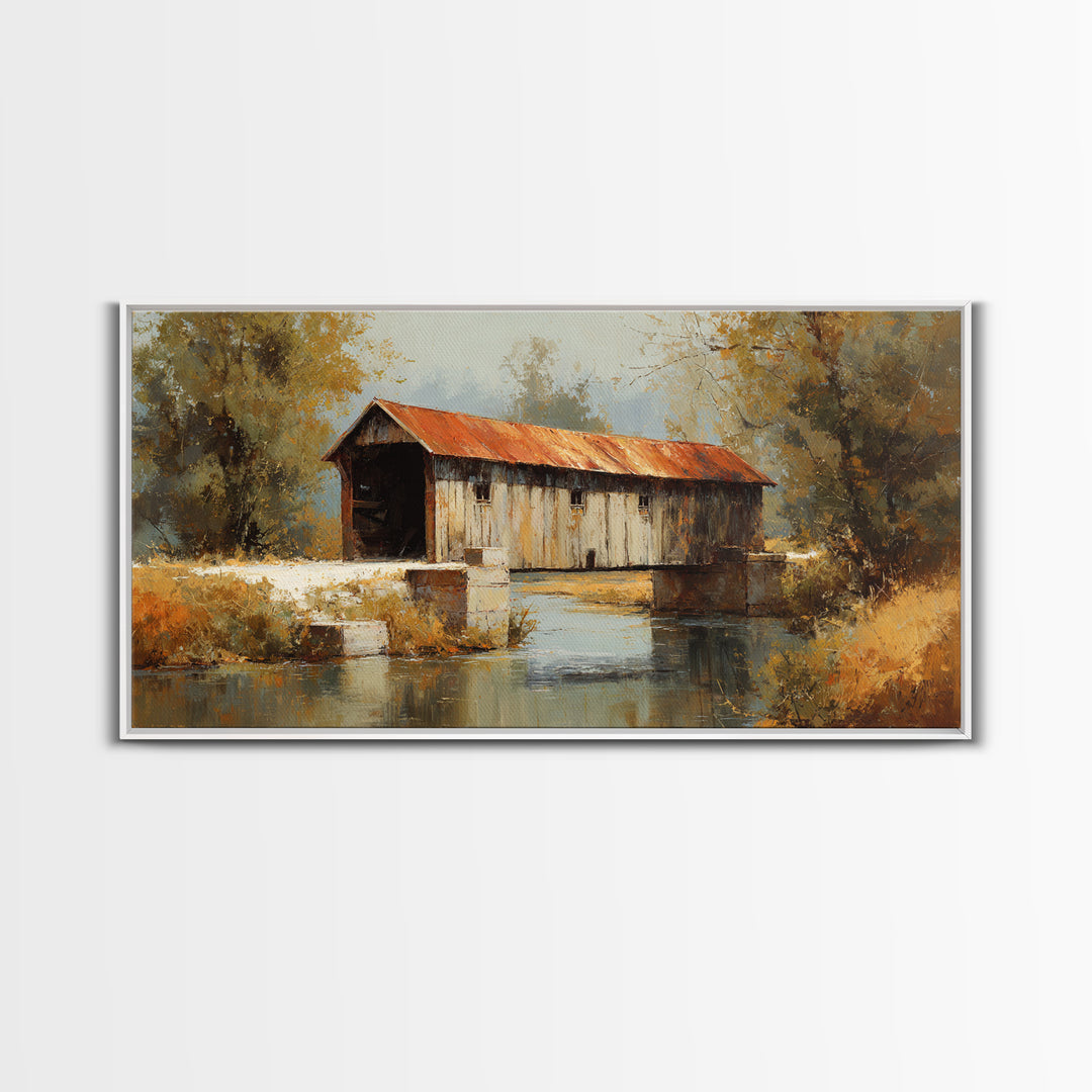 Covered Bridge over a Quiet Creek Framed Canvas Print, Country Art, Watercolor Painting, Farmhouse Decor, Fine Art, Country, COU-2x1-11