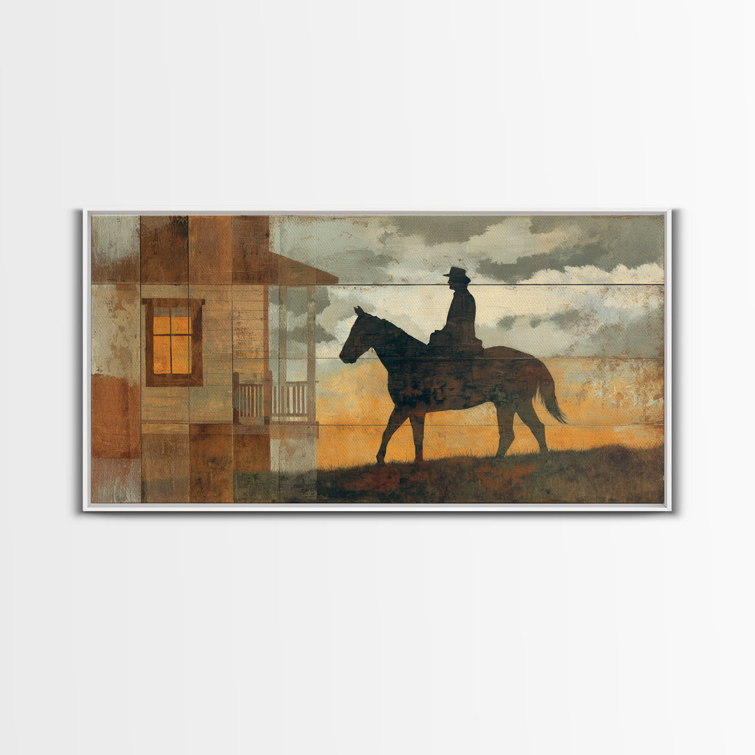 Horse and Rider Silhouette at Dusk Framed Canvas Print, Country Art, Minimalist Decor, Farmhouse Decor, Fine Art, Country, COU-2x1-13