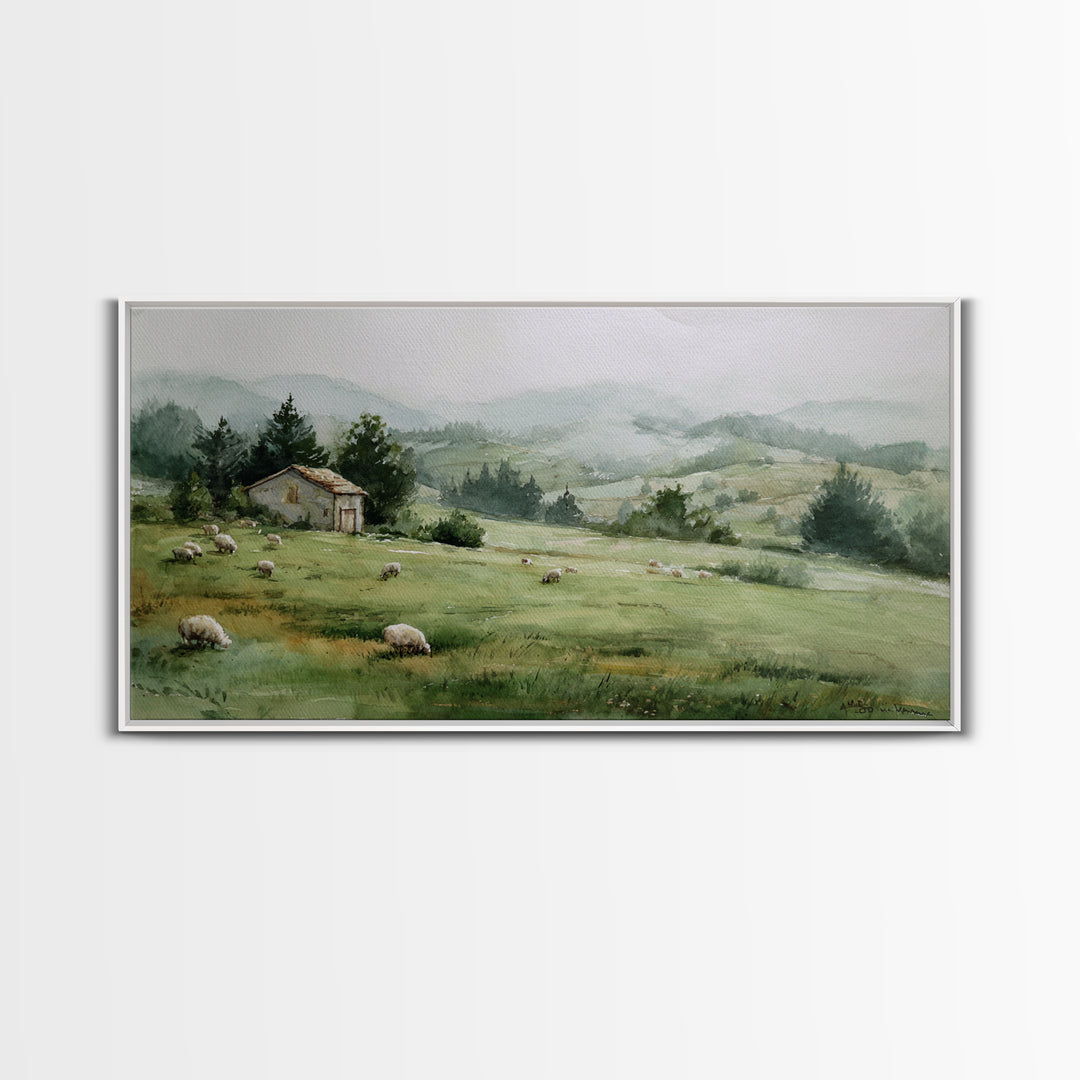 Watercolor Sheep in a Green Pasture Framed Canvas Print, Country Art, French Country, Farmhouse Decor, Fine Art, Country, COU-2x1-19