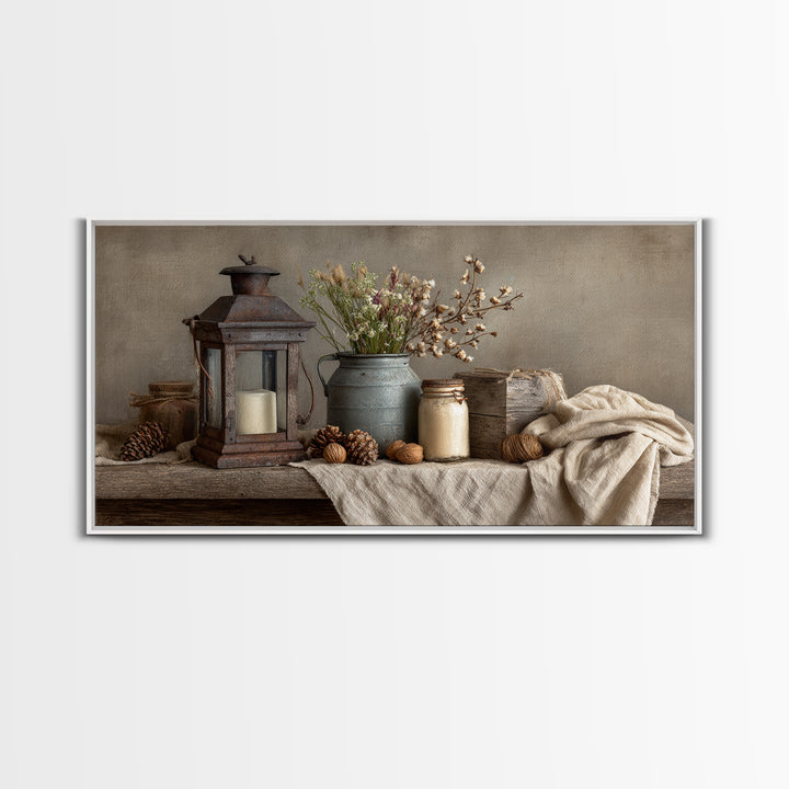 Old Lantern and Pinecones Still Life Framed Canvas Print, Country Art, Fine Art Print, Farmhouse Decor, Fine Art, Country, COU-2x1-20