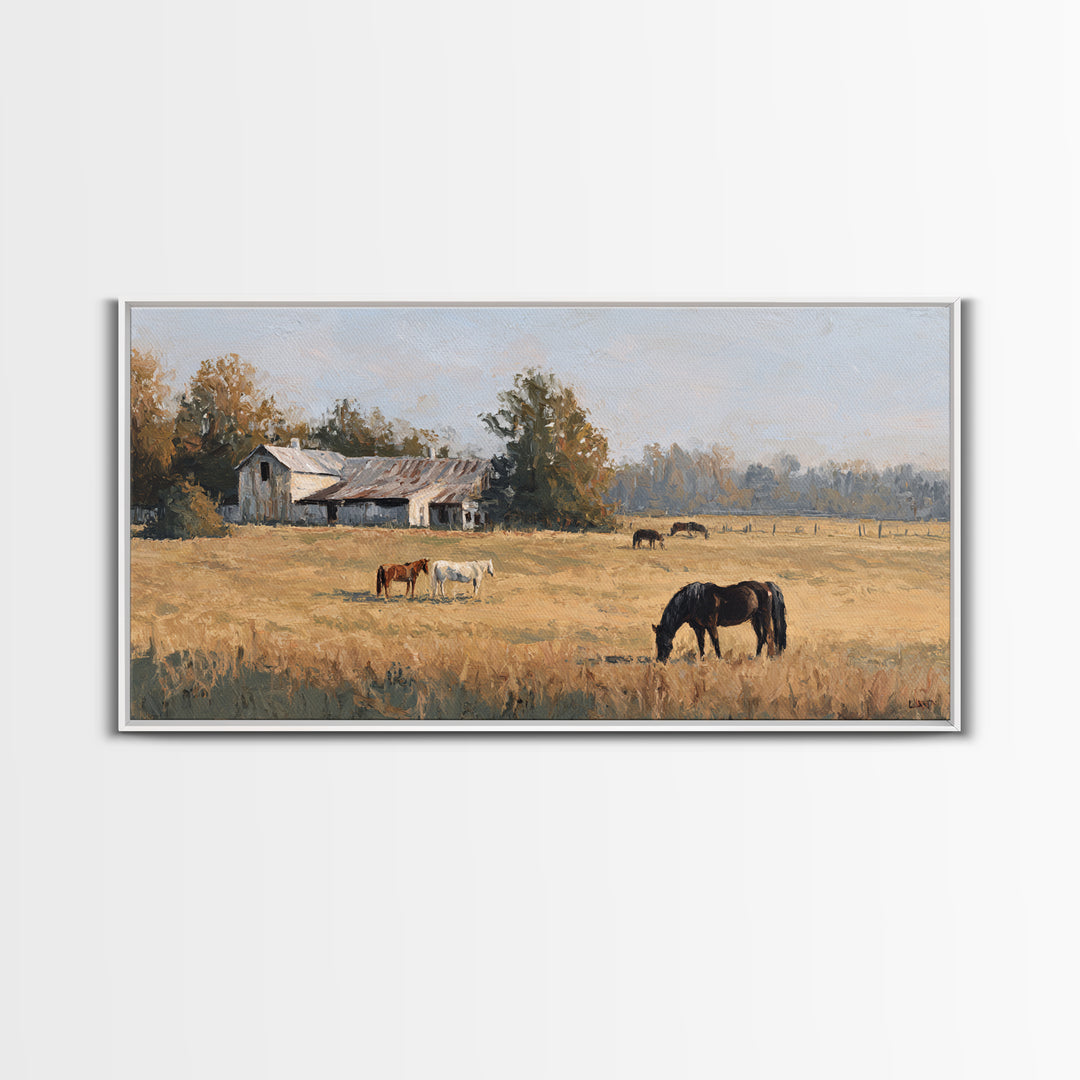 Rolling Pasture with Grazing Horses at Sunrise Canvas Print, Country Art, Wall Art, Farmhouse Decor, Oil Painting, Country, COU-2x1-21