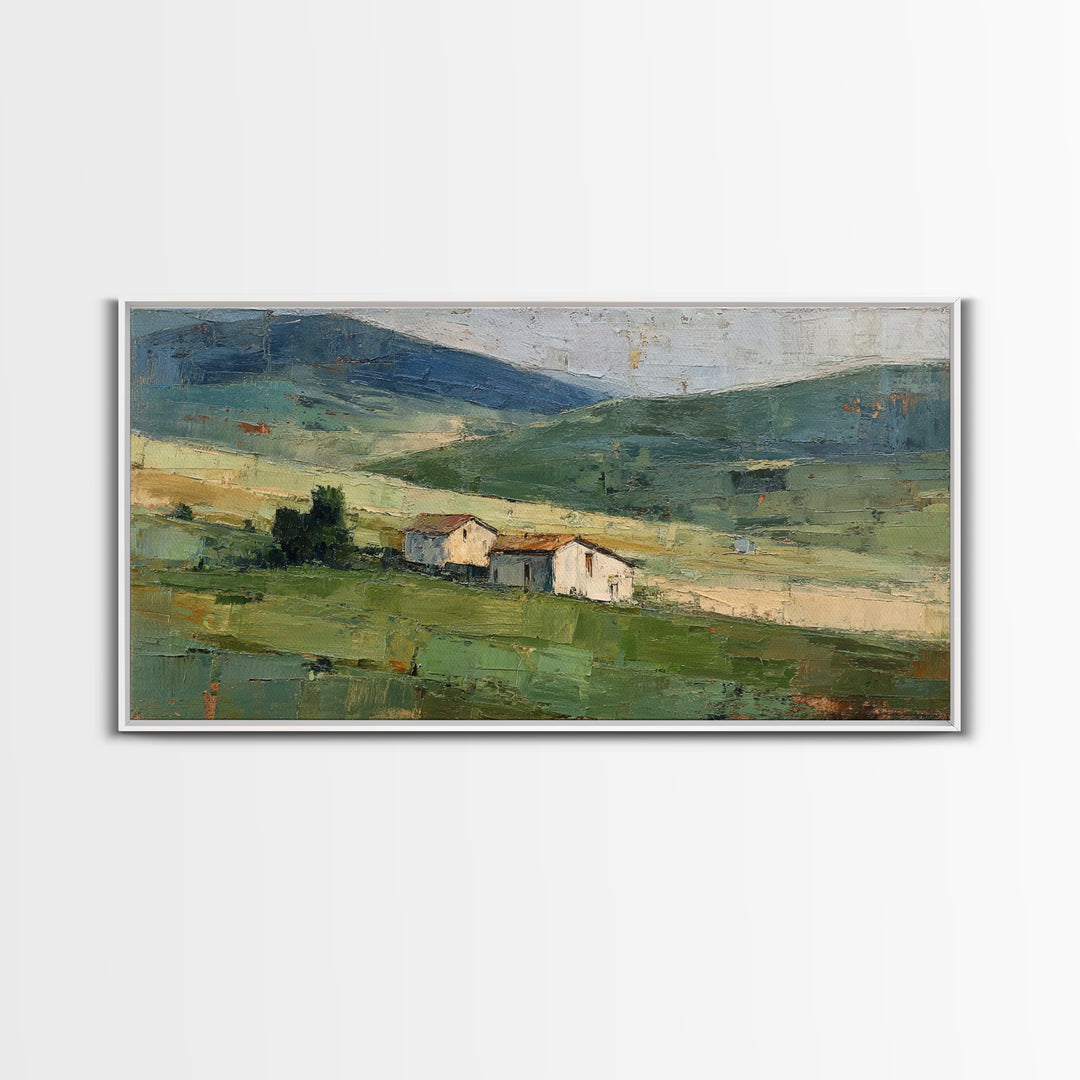 Country Road Disappearing into Green Hills Framed Canvas Print, Country Art, Modern Decor, Farmhouse Decor, Oil Painting, COU-2x1-27