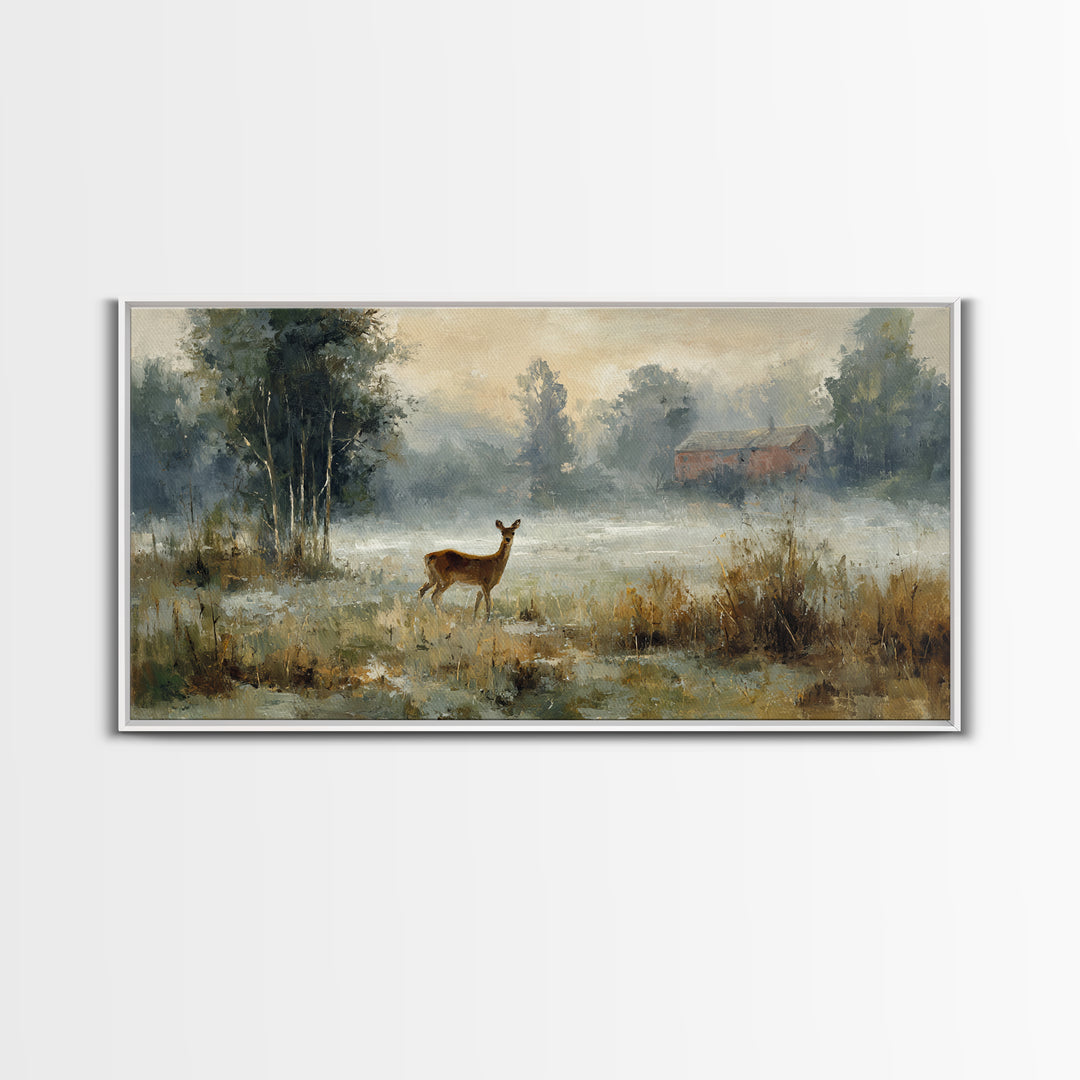 Deer Crossing a Misty Morning Field Canvas Print, Country Art, Original Painting, Farmhouse Decor, Fine Art, Country, COU-2x1-31