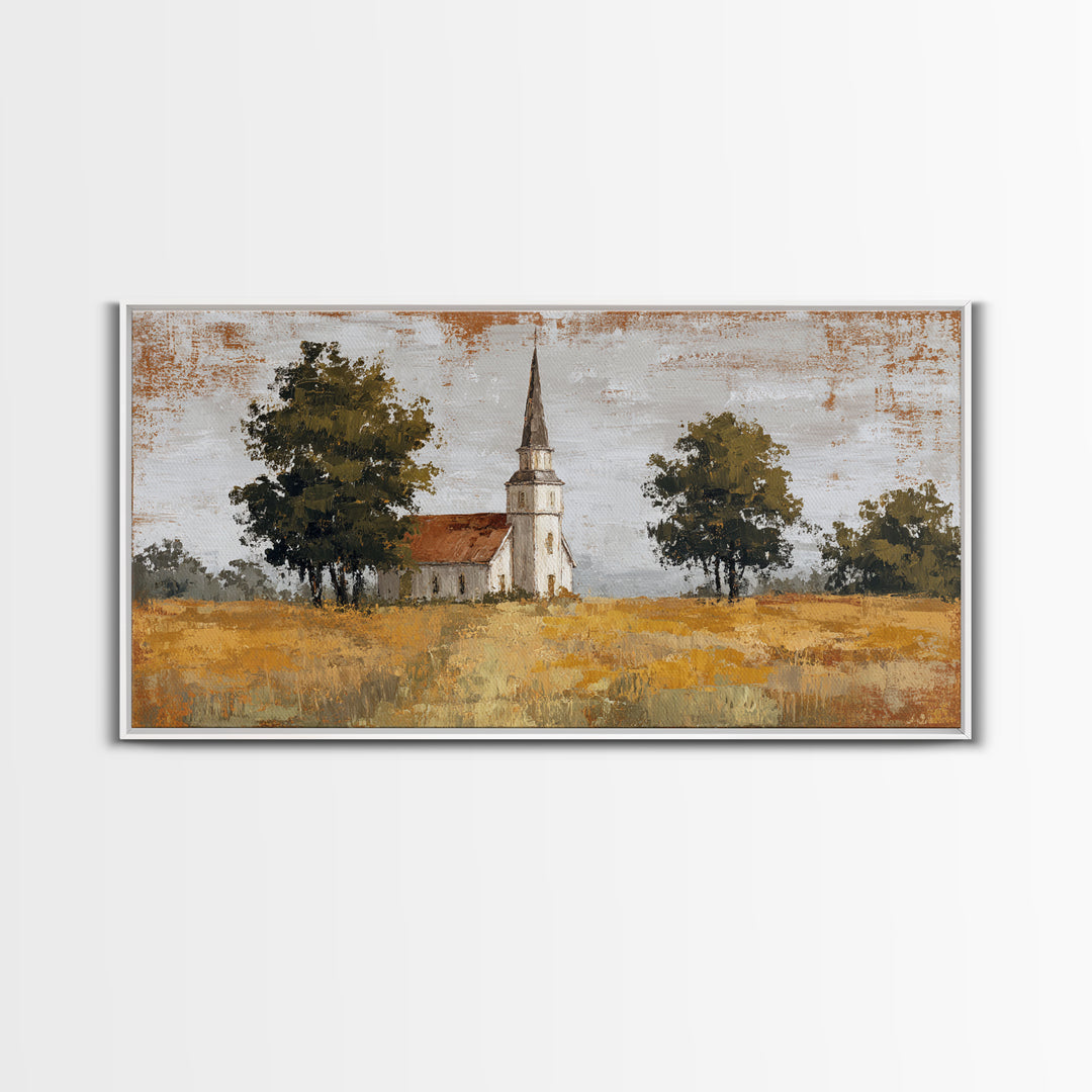 Country Church Steeple Beyond Trees Canvas Print, Country Art, Digital Prints, Farmhouse Decor, Oil Painting, Country, COU-2x1-39