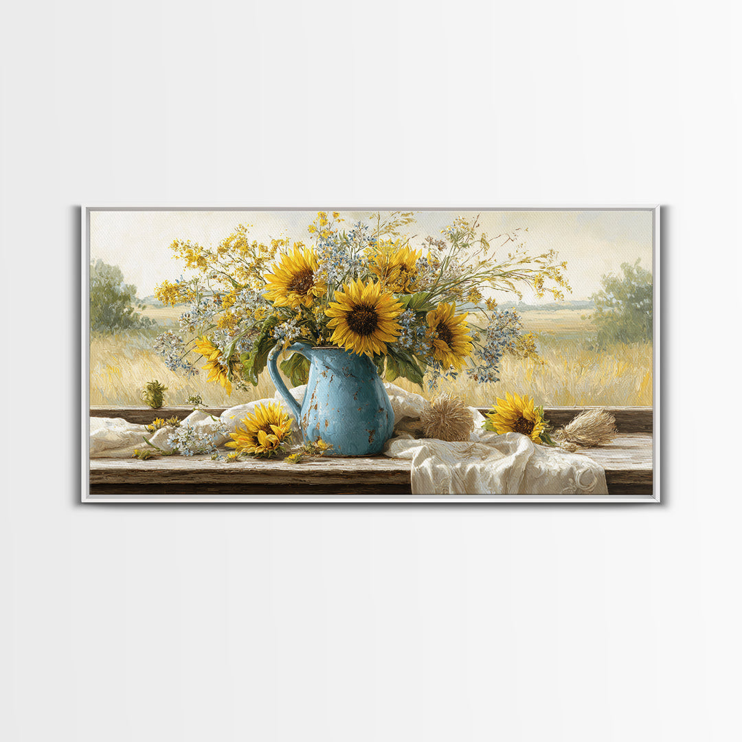 Sunflowers in a Blue Enamel Pitcher Canvas Print, Country Art, Boho Decor, Farmhouse Decor, Oil Painting, Country, Art Prints, COU-2x1-4