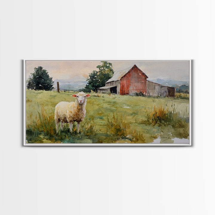 Watercolor Sheep in a Green Pasture Framed Canvas Print, Country Art, Art Prints, Farmhouse Decor, Fine Art, Country, COU-2x1-43