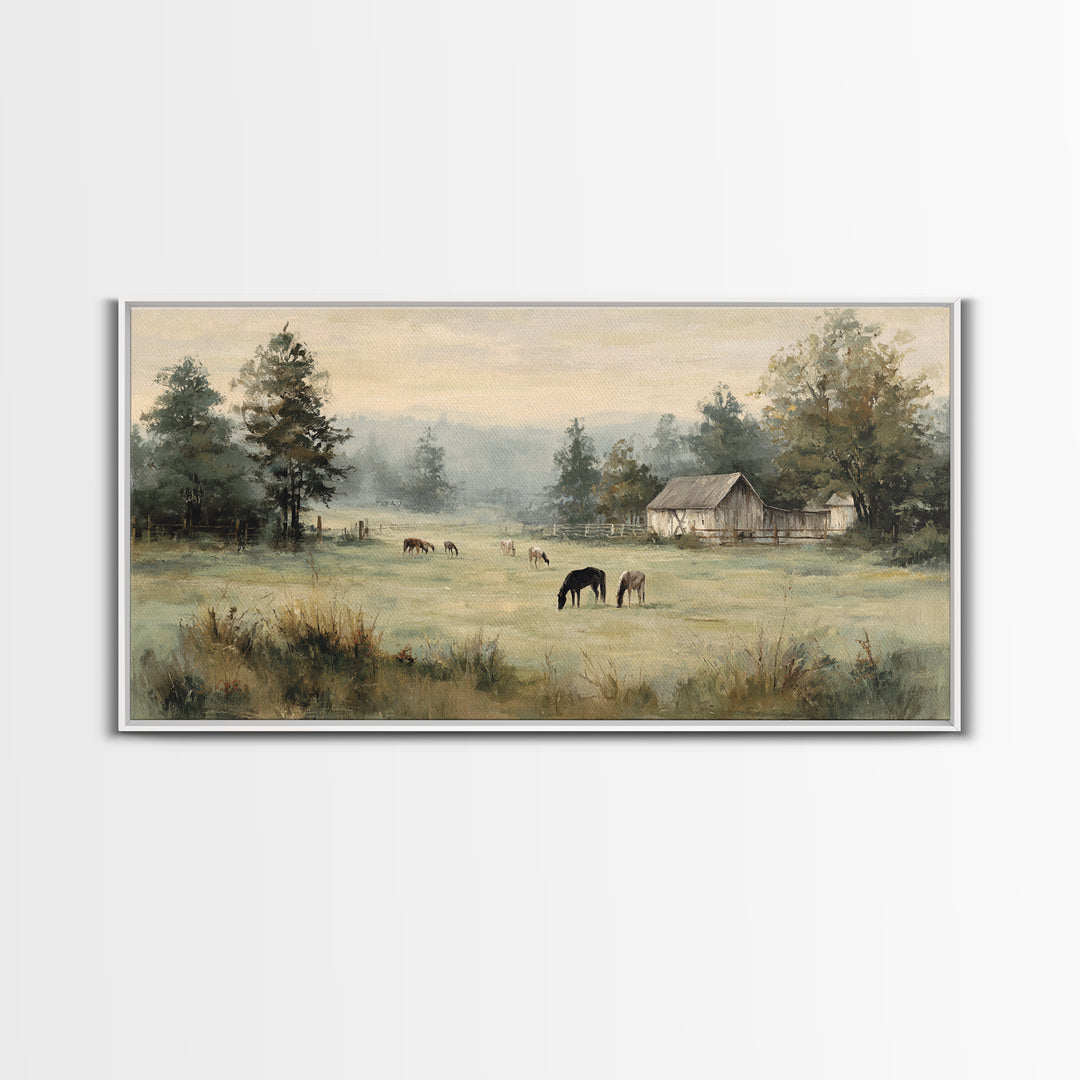Rolling Pasture with Grazing Horses at Sunrise Framed Canvas Print, Country Art, Art Print, Farmhouse Decor, Fine Art, Country, COU-2x1-45