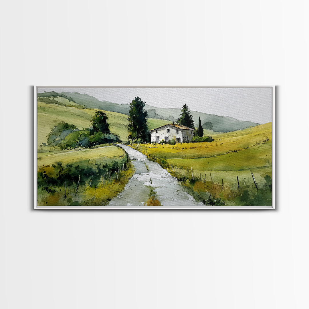 Country Road Disappearing into Green Hills Framed Canvas Print, Country Art, Farmhouse Decor, Watercolor Art, Country, COU-2x1-51