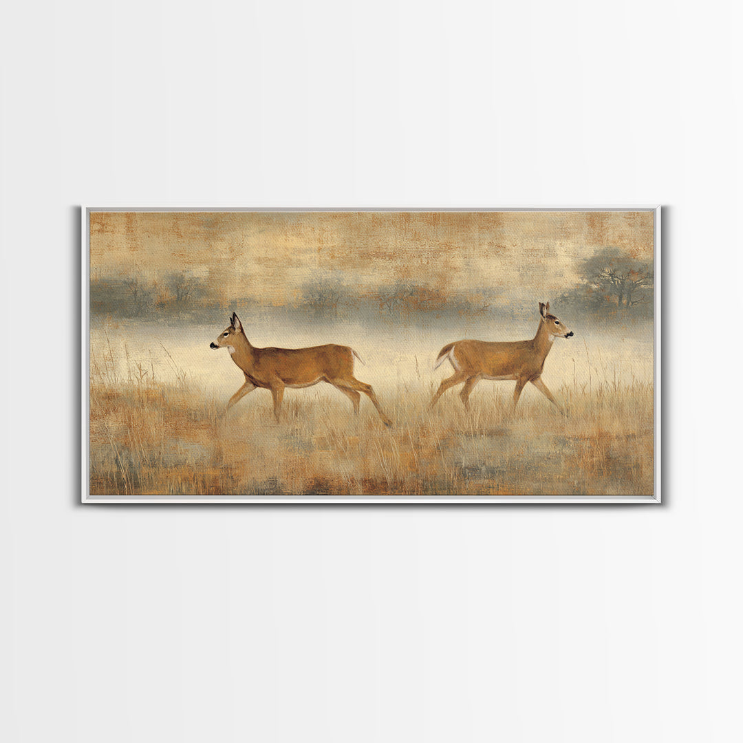 Deer Crossing a Misty Morning Field Framed Canvas Print, Country Art, Printable Art, Farmhouse Decor, Fine Art, Country, COU-2x1-55