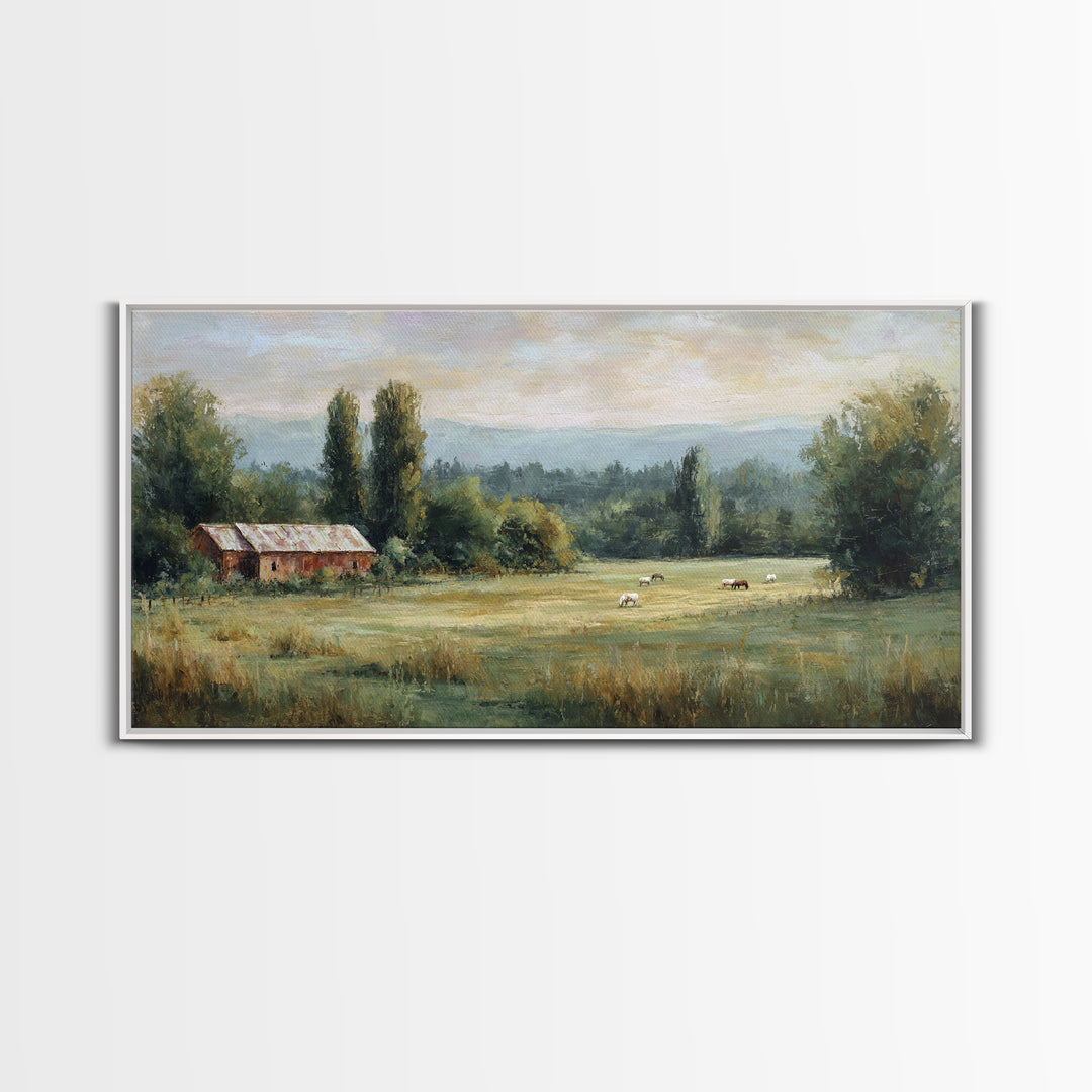 Rolling Pasture with Grazing Horses at Sunrise Canvas Print, Country Art, Large Wall Art, Farmhouse Decor, Fine Art, Country, COU-2x1-69