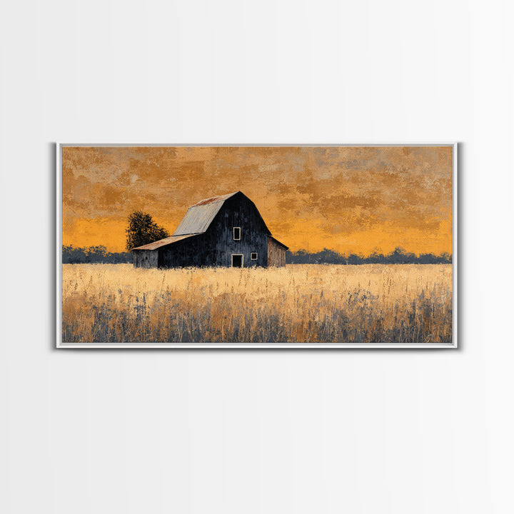 Rustic Barn Silhouette Canvas Print, Country Art, Landscape Painting, Farmhouse Decor, Abstract Art, Country, Statement Artwork, COU-2x1-71