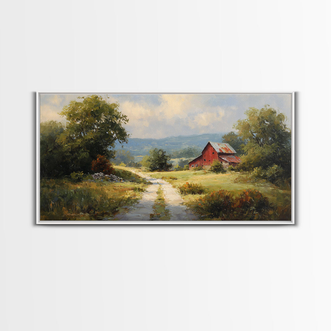 Country Road Disappearing into Green Hills Framed Canvas Print, Country Art, Statement Artwork, Farmhouse Decor, Country, COU-2x1-75