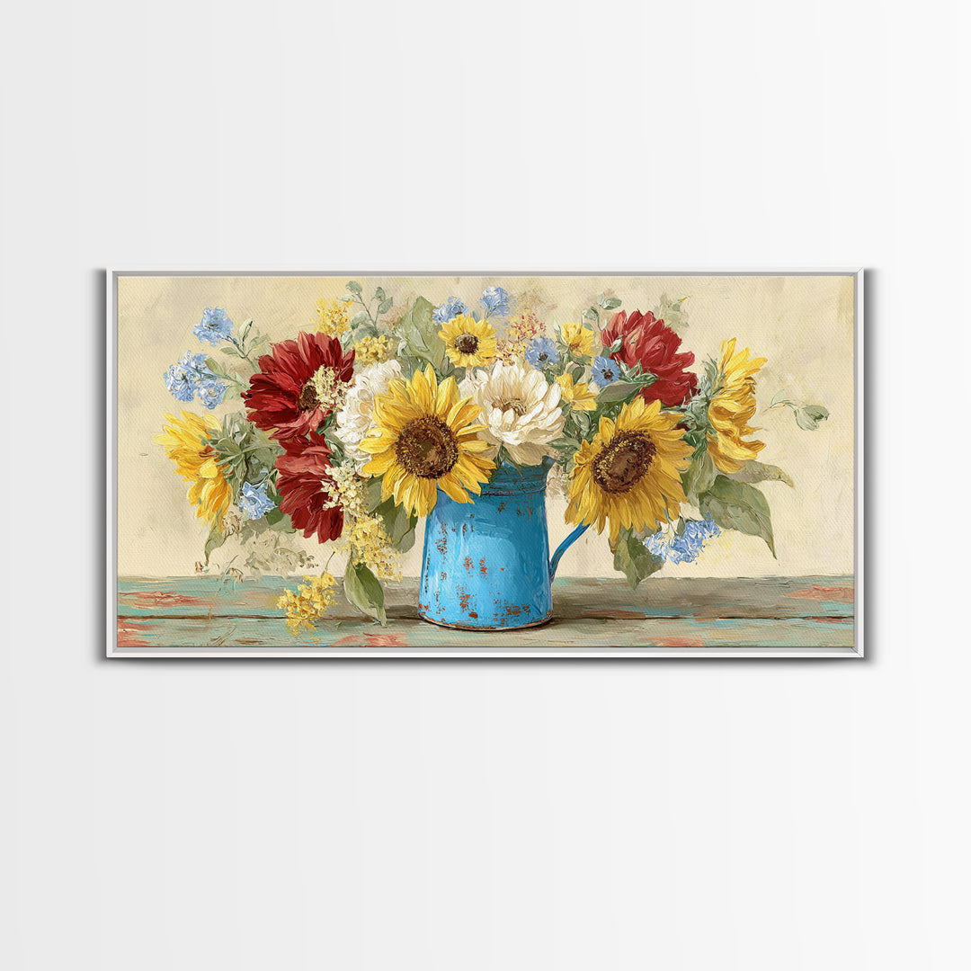 Sunflowers in a Blue Enamel Pitcher Canvas Print, Country Art, Farmhouse Decor, Country, Gallery Wall Art, Landscape Wall Art, COU-2x1-76