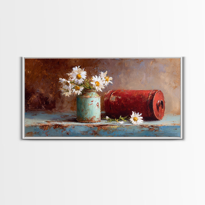 Milk Can and Daisies Rustic Still Life Framed Canvas Print, Country Art, Oil Painting, Farmhouse Decor, Watercolor Art, Country, COU-2x1-81