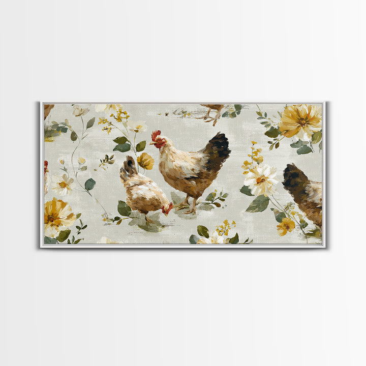 Chickens Pecking Near Garden Flowers Canvas Print, Country Art, Wall Art, Farmhouse Decor, Watercolor Art, Country, COU-2x1-82