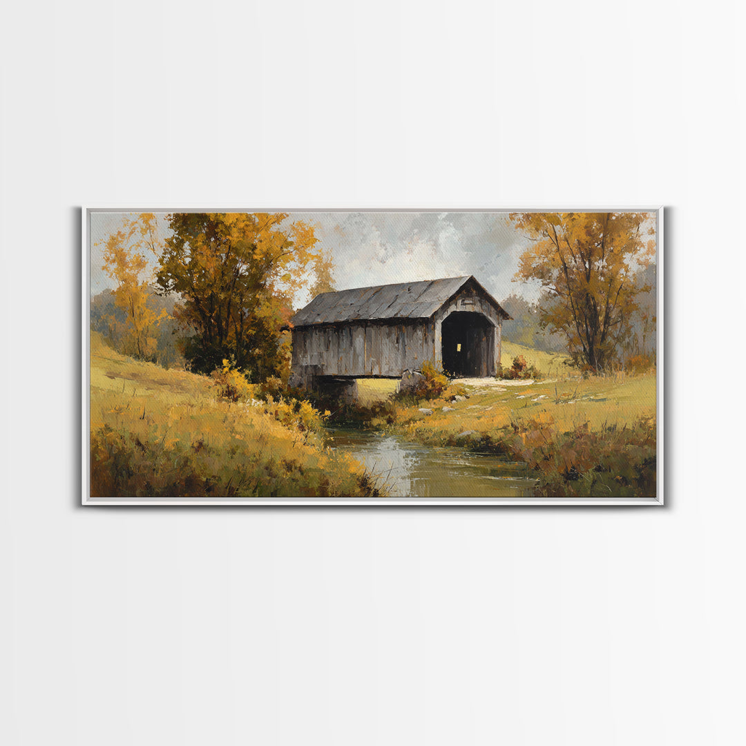 Covered Bridge over a Quiet Creek Framed Canvas Print, Country Art, Contemporary Art, Farmhouse Decor, Fine Art, Country, COU-2x1-83