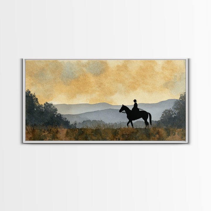 Horse and Rider Silhouette at Dusk Framed Canvas Print, Country Art, Digital Wall Art, Farmhouse Decor, Fine Art, Country, COU-2x1-85