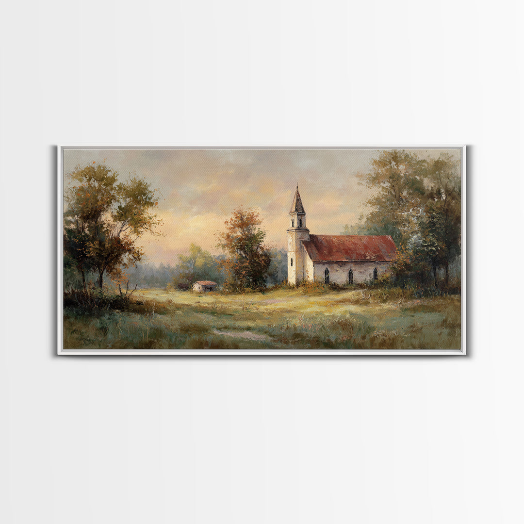 Country Church Steeple Beyond Trees Framed Canvas Print, Country Art, Digital Art Prints, Farmhouse Decor, Fine Art, Country, COU-2x1-87