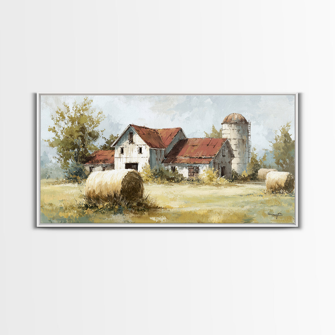 Hay Bales in Late Afternoon Sun Framed Canvas Print, Country Art, Digital Print, Farmhouse Decor, Country, French Country, COU-2x1-88