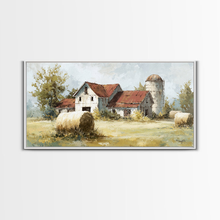 Hay Bales in Late Afternoon Sun Framed Canvas Print, Country Art, Digital Print, Farmhouse Decor, Country, French Country, COU-2x1-88