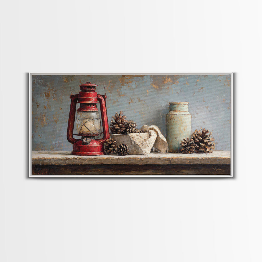Old Lantern and Pinecones Still Life Framed Canvas Print, Country Art, Printable Art, Farmhouse Decor, Oil Painting, Country, COU-2x1-92