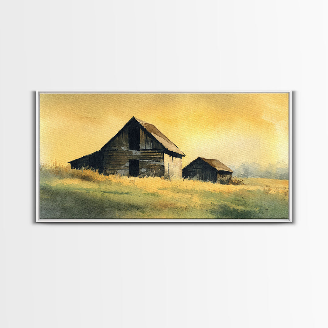 Rustic Barn Silhouette Framed Canvas Print, Country Art, Landscape Wall Art, Farmhouse Decor, Fine Art, Country, COU-2x1-95