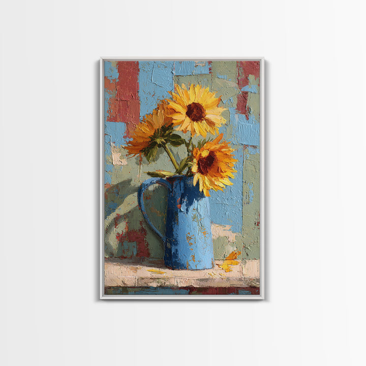 Sunflowers in a Blue Enamel Pitcher Canvas Print, Country Art, Floral Wall Art, Farmhouse Decor, Country, Fine Art Print, COU-2x3-16