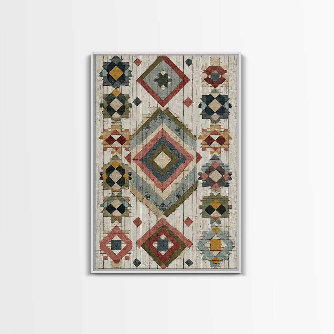 Quilt Geometric Folk Pattern Framed Canvas Print, Country Art, Farmhouse Decor, Abstract Art, Country, Watercolor Painting, COU-2x3-20