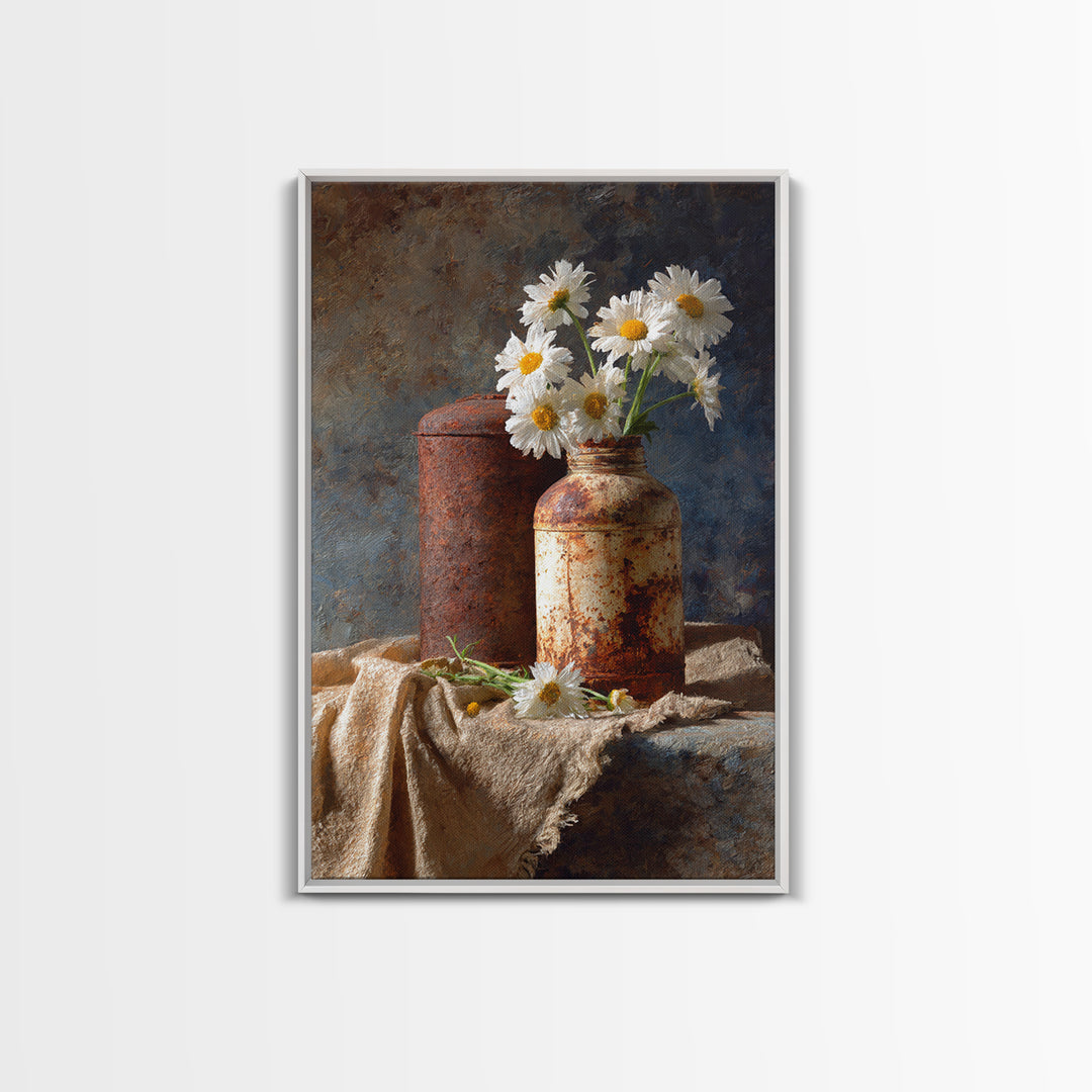 Milk Can and Daisies Rustic Still Life Framed Canvas Print, Country Art, Farmhouse Decor, Oil Painting, Country, COU-2x3-21