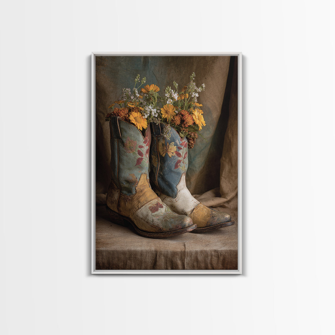 Weathered Boots with Wildflowers Tucked Inside Canvas Print, Country Art, Eclectic Wall Art, Farmhouse Decor, Country, COU-2x3-24