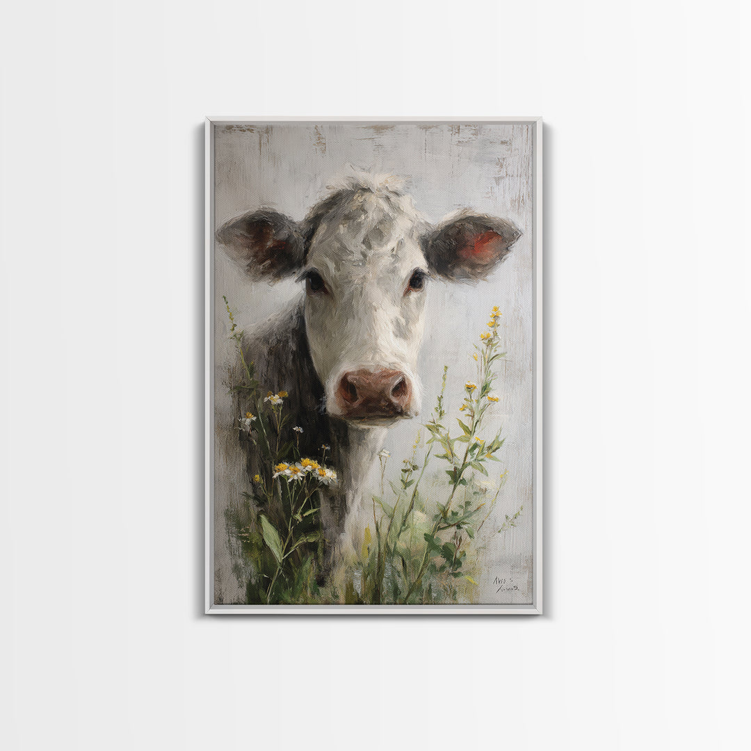 Cow Portrait with Gentle Farmhouse Personality Framed Canvas Print, Country Art, Digital Art Prints, Farmhouse Decor, Country, COU-2x3-36