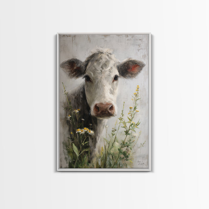 Cow Portrait with Gentle Farmhouse Personality Framed Canvas Print, Country Art, Digital Art Prints, Farmhouse Decor, Country, COU-2x3-36