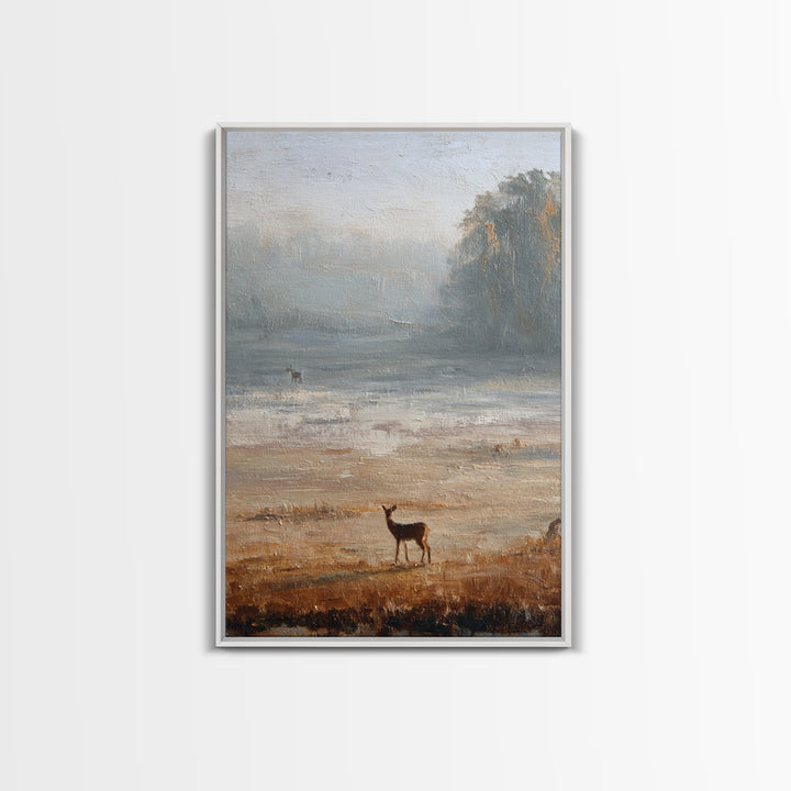 Deer Crossing a Misty Morning Field Framed Canvas Print, Country Art, Contemporary Art, Farmhouse Decor, Fine Art, Country, COU-2x3-43