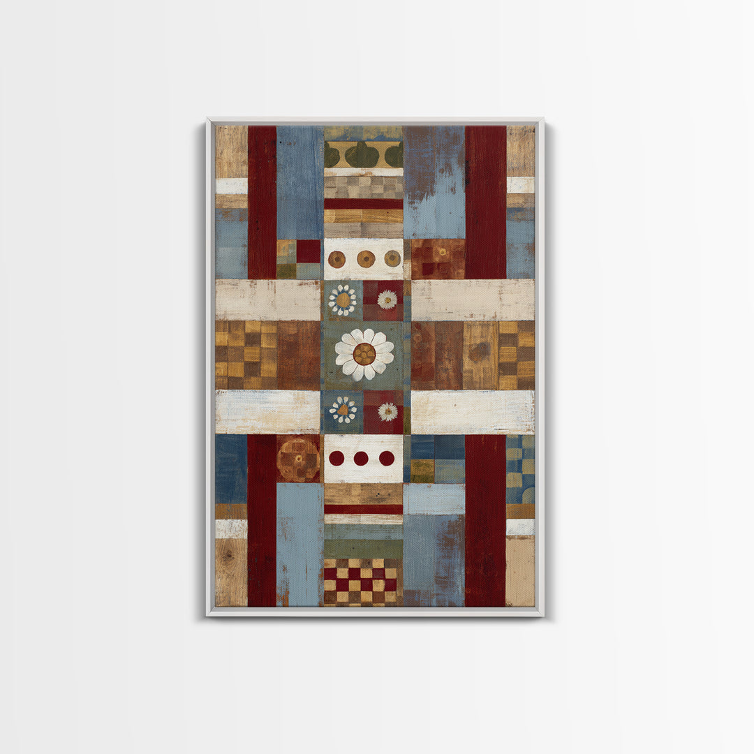 Quilt Geometric Folk Pattern Framed Canvas Print, Country Art, Landscape Wall Art, Farmhouse Decor, Abstract Art, Country, COU-2x3-44