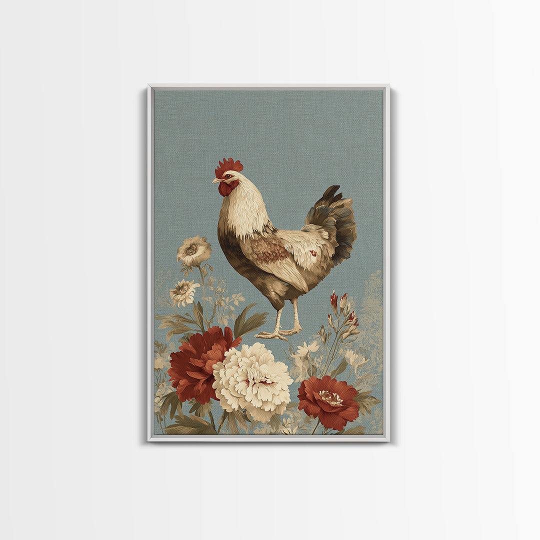 Chickens Pecking Near Garden Flowers Framed Canvas Print, Country Art, Textured Painting, Farmhouse Decor, Fine Art, Country, COU-2x3-46