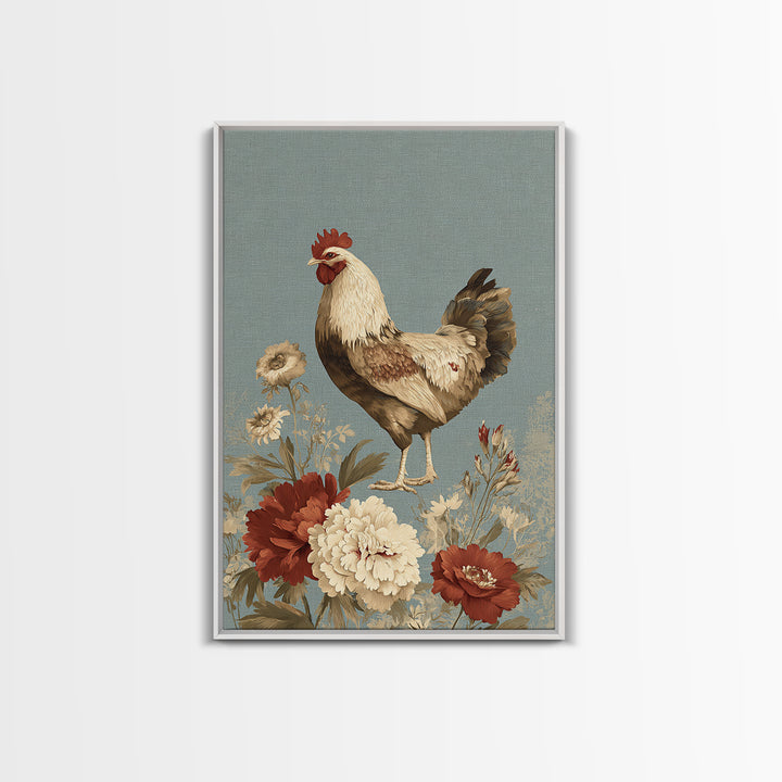 Chickens Pecking Near Garden Flowers Framed Canvas Print, Country Art, Textured Painting, Farmhouse Decor, Fine Art, Country, COU-2x3-46