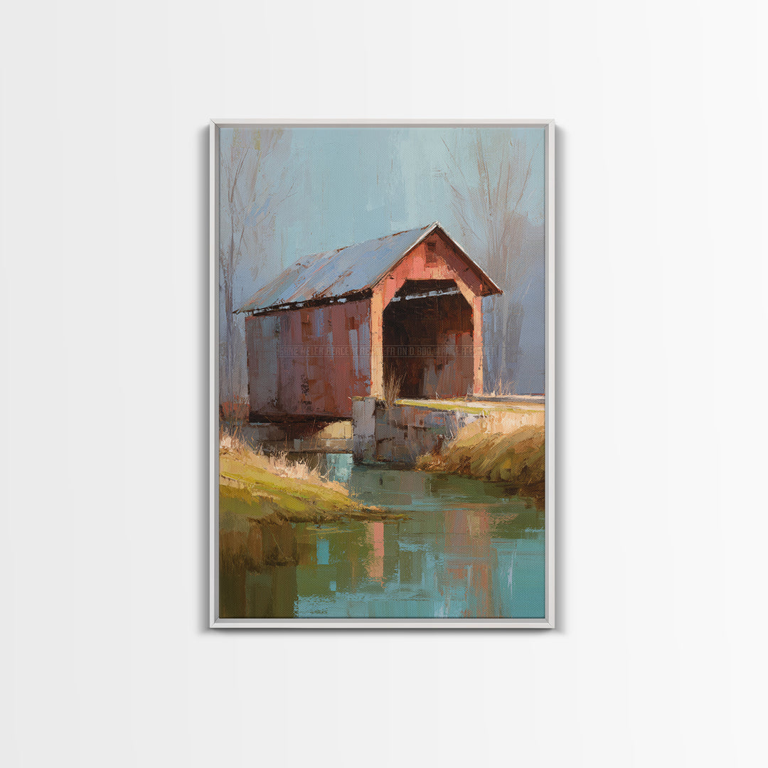Covered Bridge over a Quiet Creek Framed Canvas Print, Country Art, Wall Art, Farmhouse Decor, Abstract Art, Country, COU-2x3-47