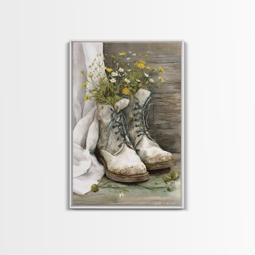 Weathered Boots with Wildflowers Tucked Inside Framed Canvas Print, Country Art, Statement Artwork, Farmhouse Decor, Country, COU-2x3-48