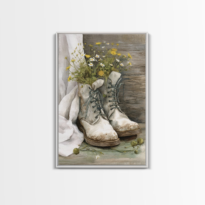 Weathered Boots with Wildflowers Tucked Inside Framed Canvas Print, Country Art, Statement Artwork, Farmhouse Decor, Country, COU-2x3-48