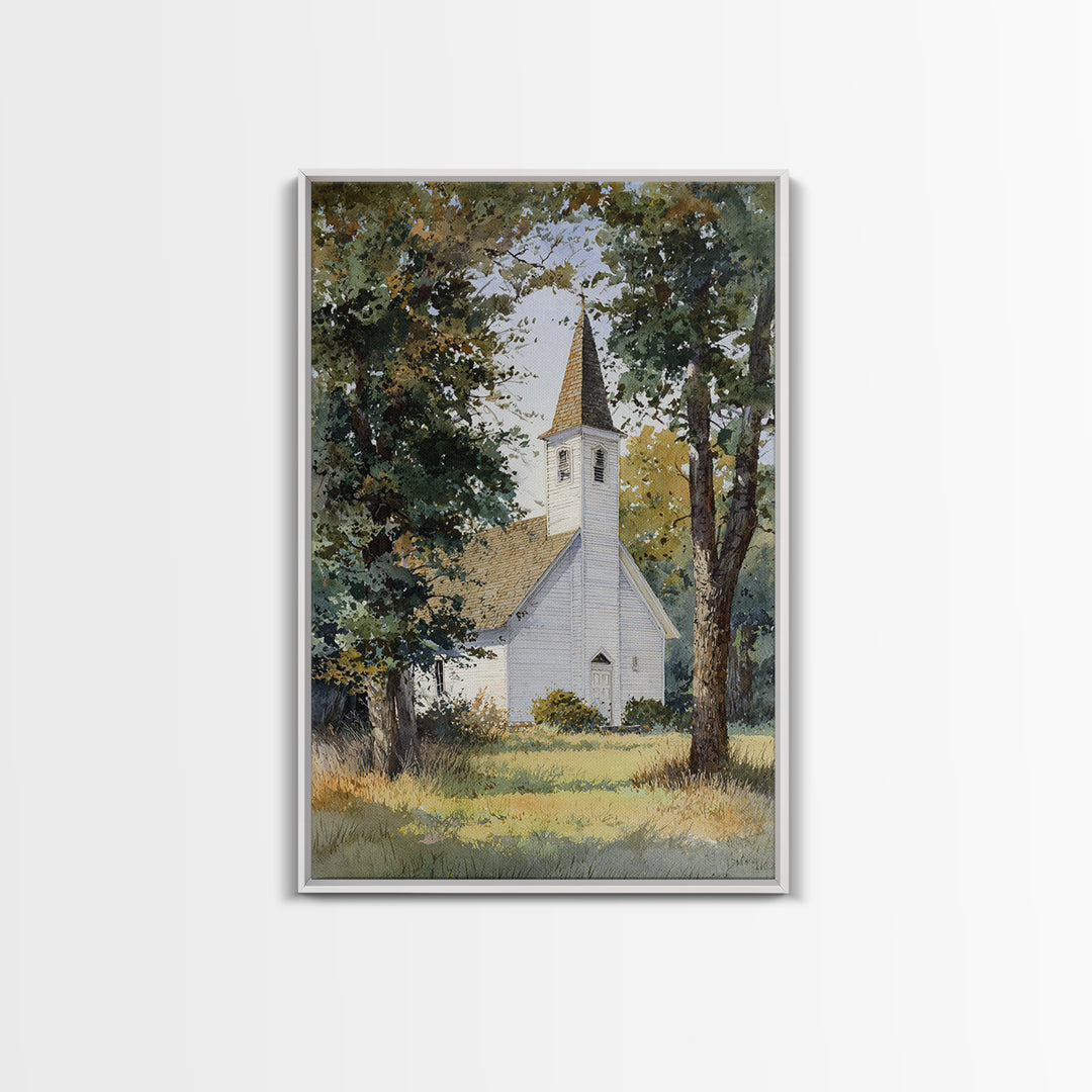 Country Church Steeple Beyond Trees Framed Canvas Print, Country Art, Room Decor, Farmhouse Decor, Oil Painting, Country, COU-2x3-51