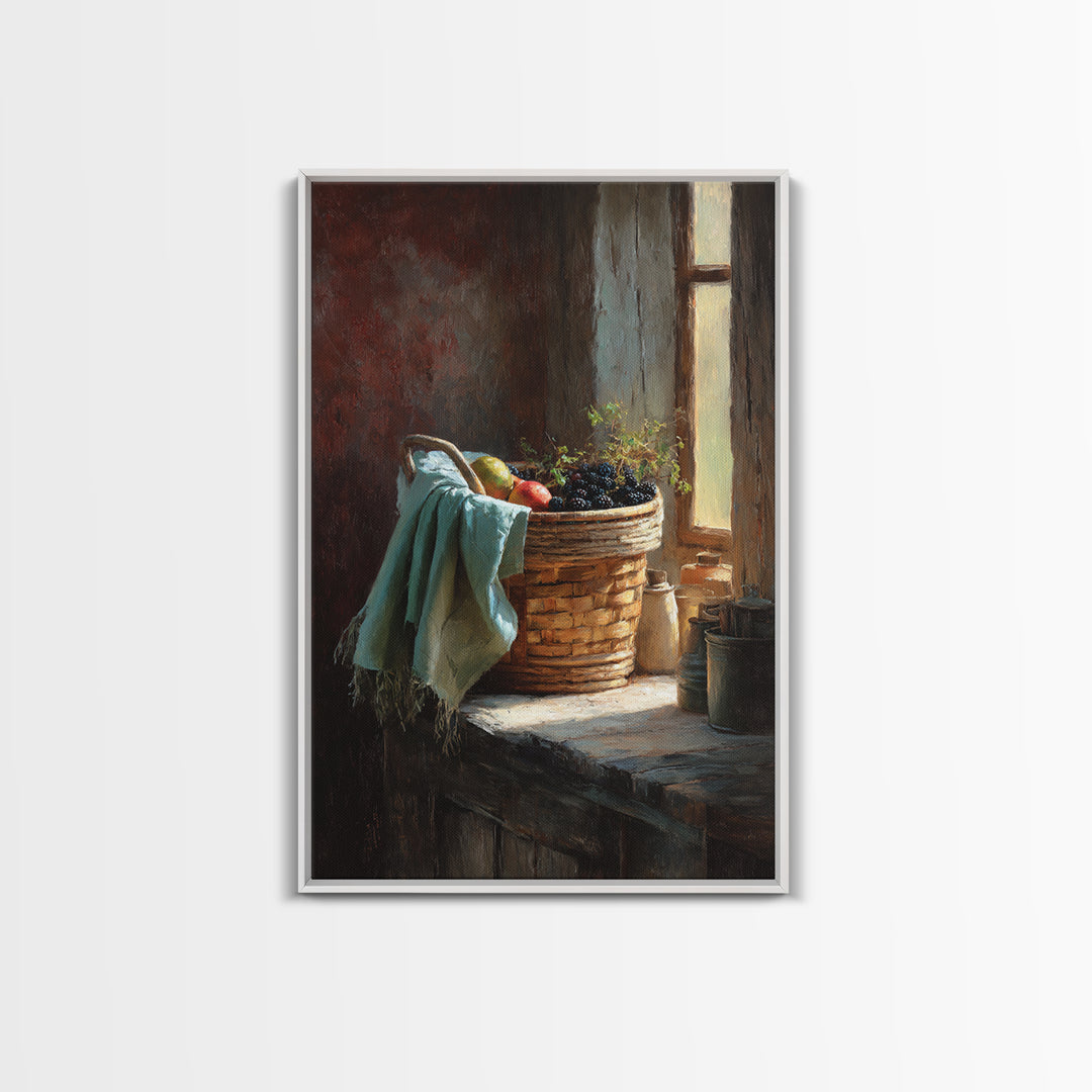 Blackberry Basket with Linen Cloth Framed Canvas Print, Country Art, Printable Wall Art, Farmhouse Decor, Abstract Art, Country, COU-2x3-53