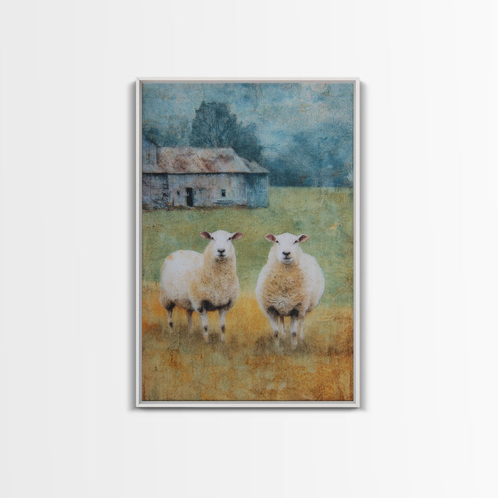 Watercolor Sheep in a Green Pasture Framed Canvas Print, Country Art, Textured Painting, Farmhouse Decor, Fine Art, Country, COU-2x3-55