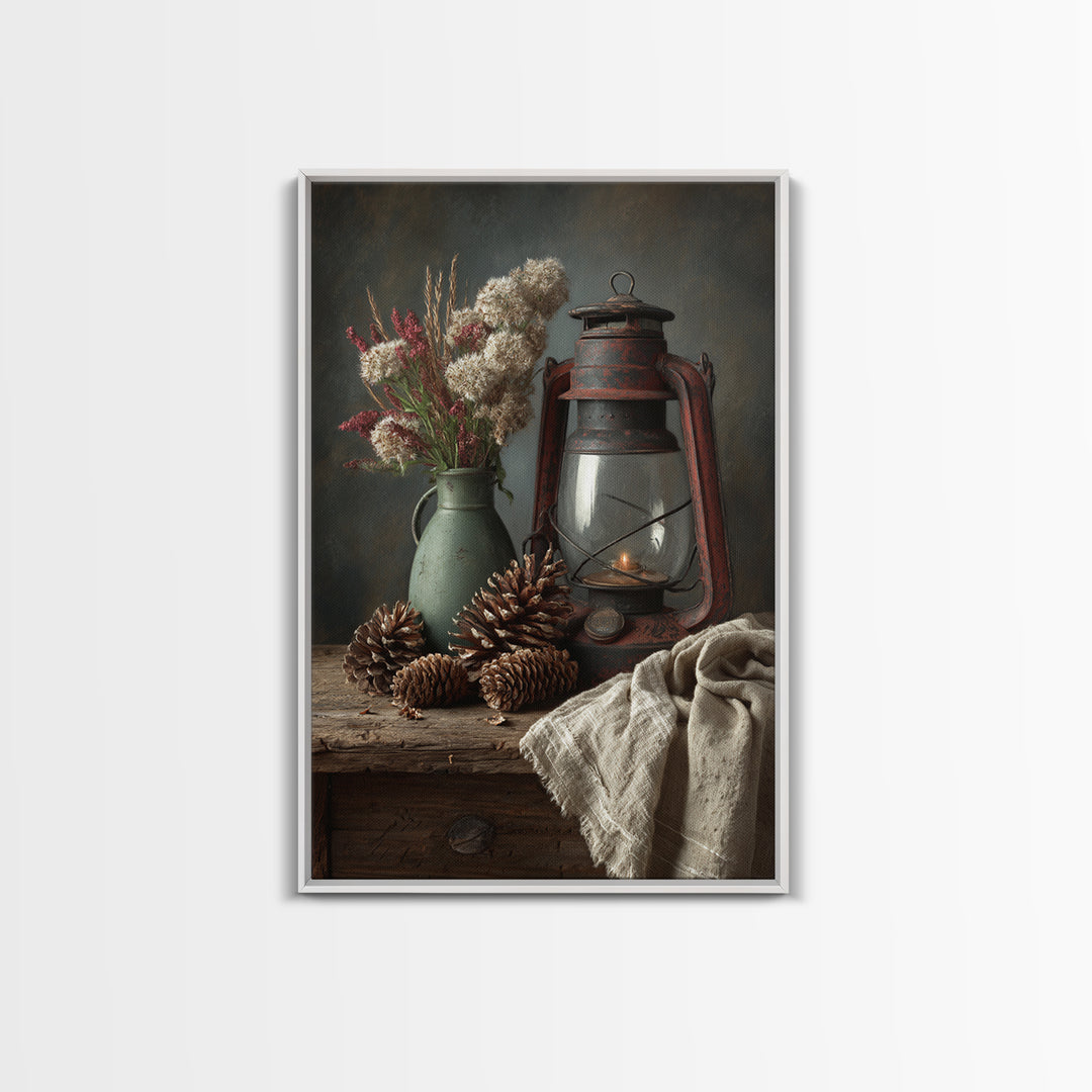 Old Lantern and Pinecones Still Life Framed Canvas Print, Country Art, Wall Decor, Farmhouse Decor, Abstract Art, Country, COU-2x3-56