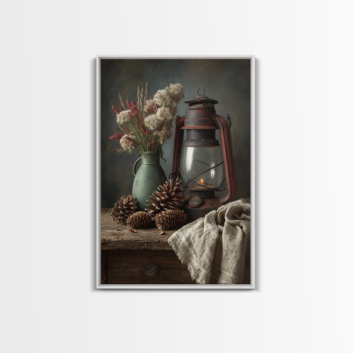 Old Lantern and Pinecones Still Life Framed Canvas Print, Country Art, Wall Decor, Farmhouse Decor, Abstract Art, Country, COU-2x3-56