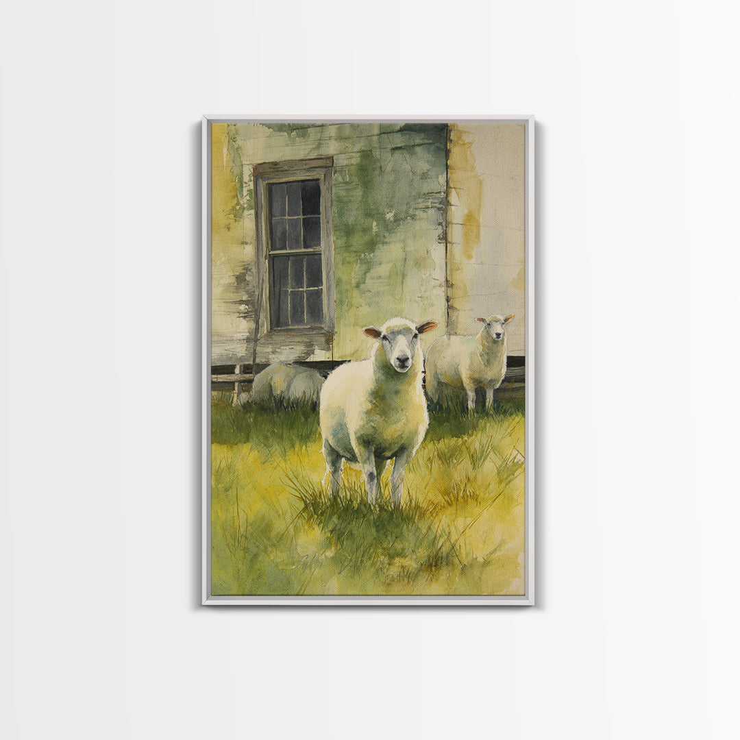 Watercolor Sheep in a Green Pasture Canvas Print, Country Art, Landscape Painting, Farmhouse Decor, Fine Art, Country, COU-2x3-7